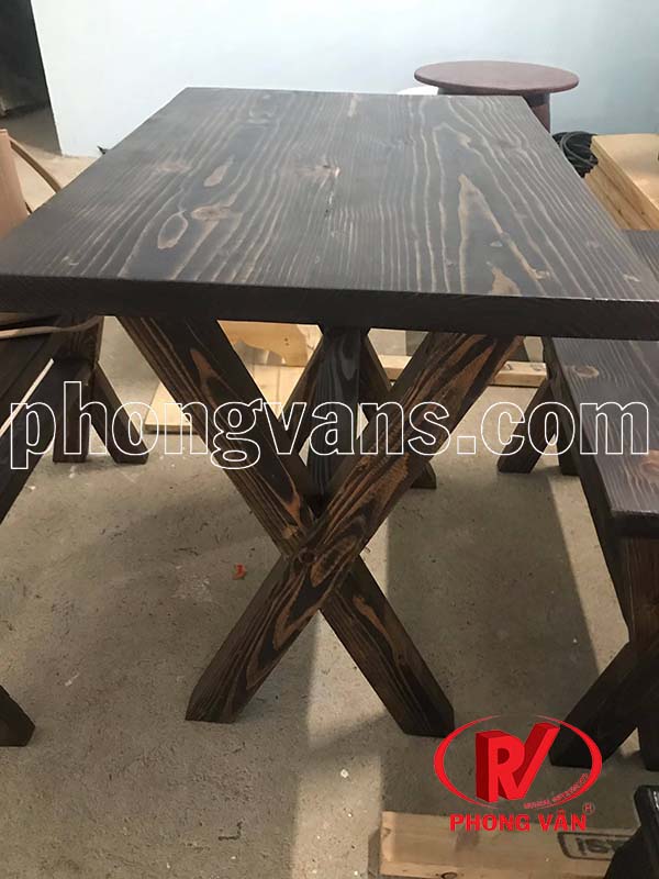 Bộ bàn ghế gỗ thông dài 80cm café nhà hàng