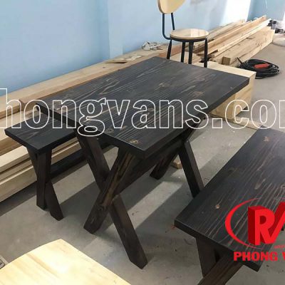 Bộ bàn ghế gỗ thông dài 80cm café nhà hàng